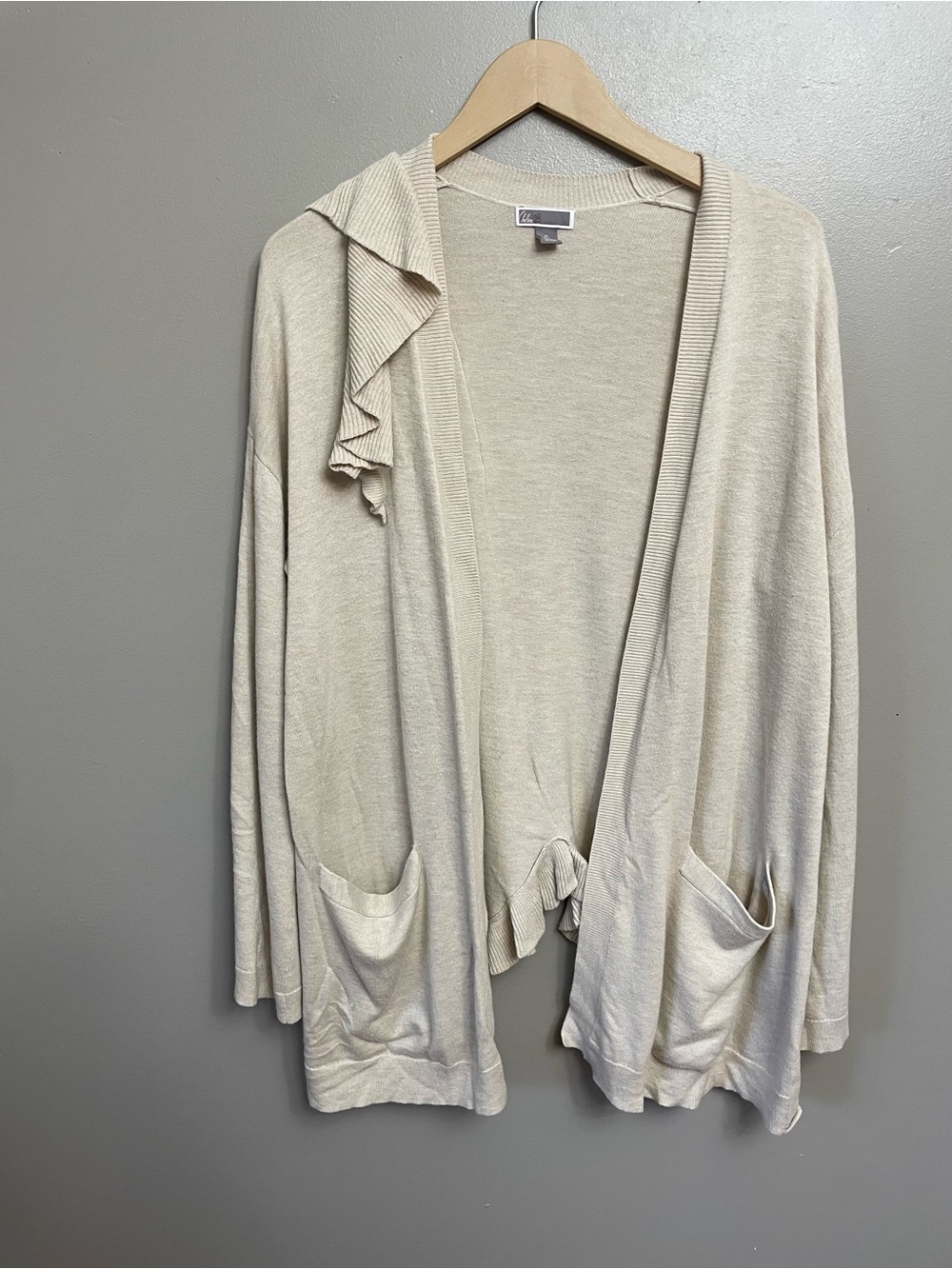 Chelsea28 Cashmere Blend Cream Open Front Long Sleeve Ruffle Detail Cardigan XL